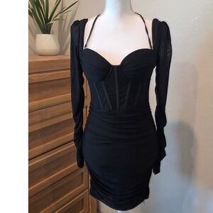 Corset Mini Dress Ruched Mesh Long Sleeve Black Glam Goth Night Out Size M